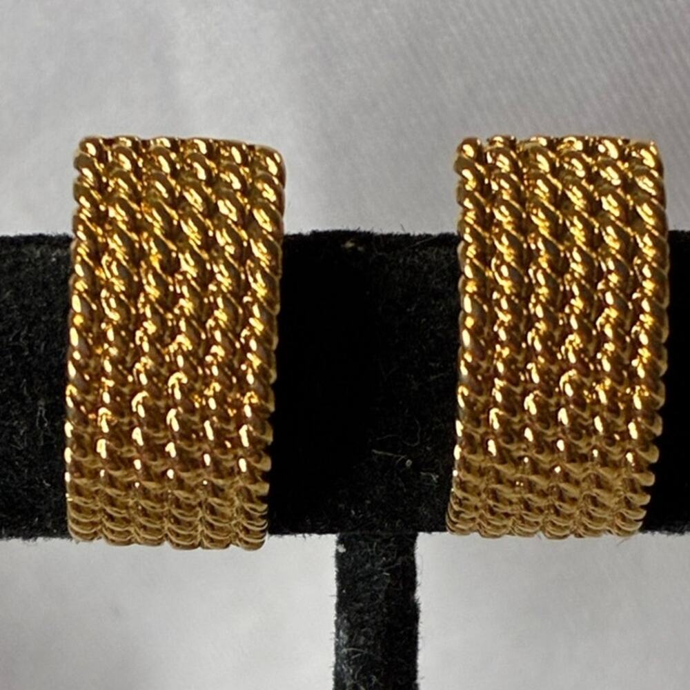 Monet Gold Tone Rope Textured Hoop Earrings Signed Braided Design